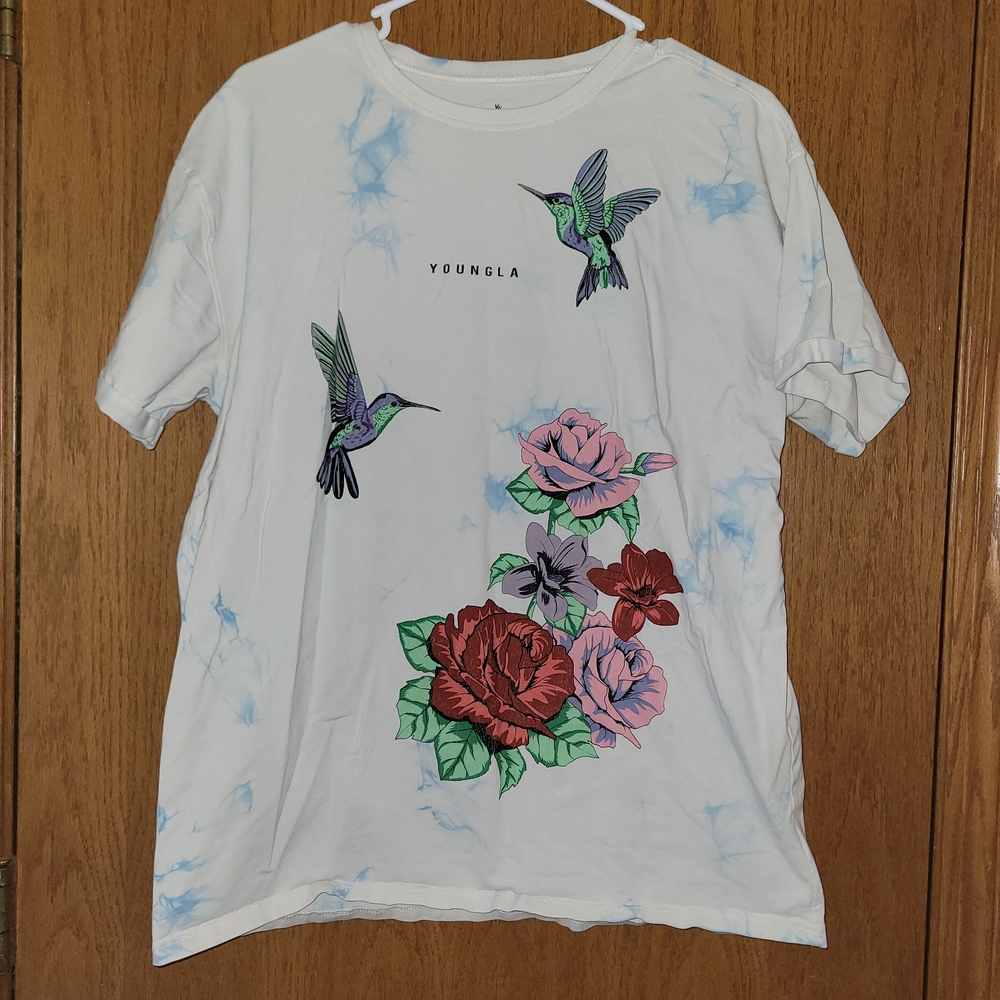 YoungLA White Graphic T-Shirt with Floral and Hummingbird Design